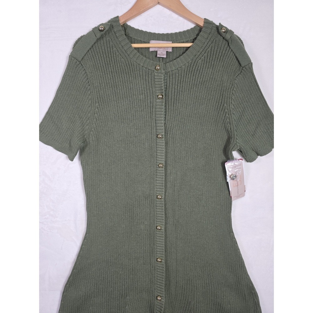 French Connection Olive Knit Dress XL NWT Ribbed Button Front Casual Office - Picture 4 of 11
